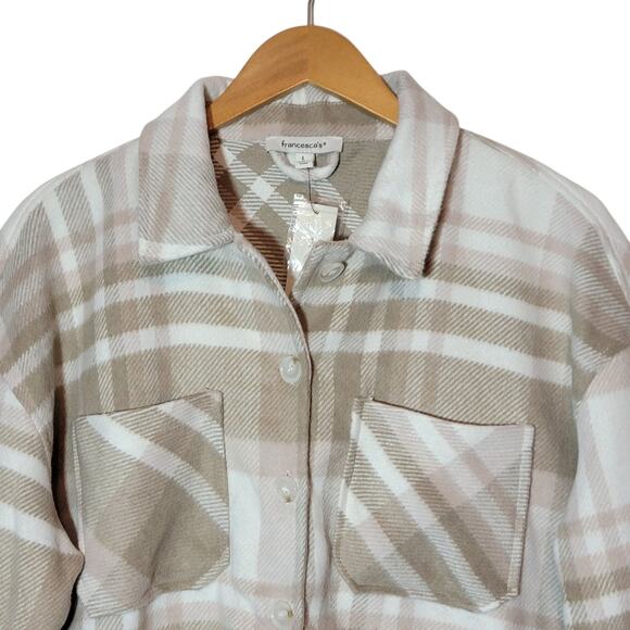Francesca's Lydia Cropped Plaid Shacket Tan Cream Fall Winter Layering Jacket L - Picture 3 of 15